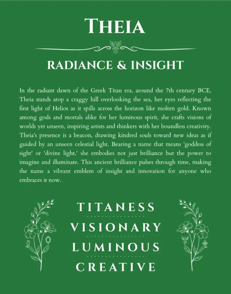 Theia personalized name print with origin and traits in dark green