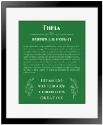 Theia personalized name print with origin and traits in dark green with black matte frame