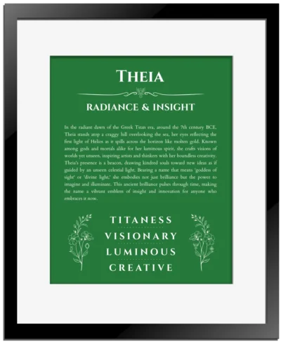 Theia personalized name print with origin and traits in dark green with black matte frame