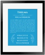 Thelma personalized name meaning print in blue with black matte frame