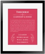 Theoden personalized name print with origin and traits in red with black matte frame