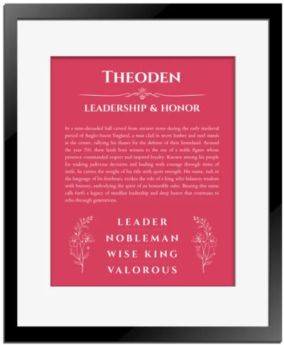 Theoden personalized name print with origin and traits in red with black matte frame