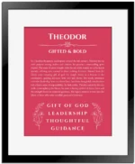 Theodor personalized wall art with the story of your name in red with black matte frame