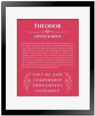 Theodor personalized wall art with the story of your name in red with black matte frame