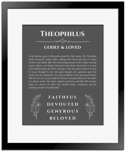 Theophilus name meaning gift print in gray with black matte frame