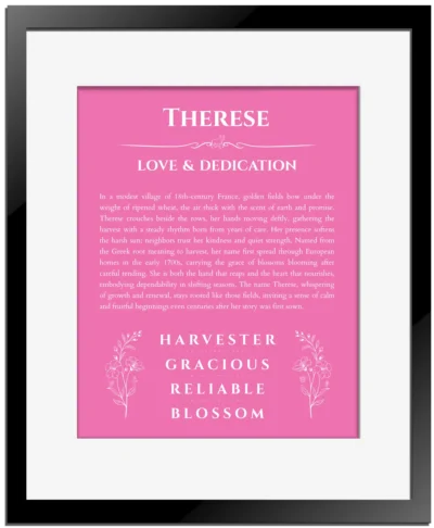 Therese name meaning gift print in pink with black matte frame