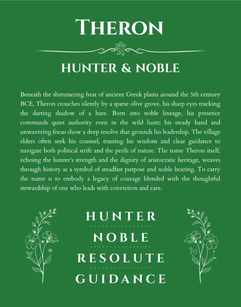 Theron personalized name print with origin and traits in dark green