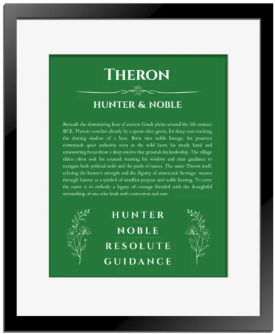 Theron personalized name print with origin and traits in dark green with black matte frame