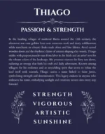 Thiago personalized name print with origin and traits in navy blue