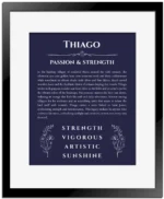 Thiago personalized name print with origin and traits in navy blue with black matte frame