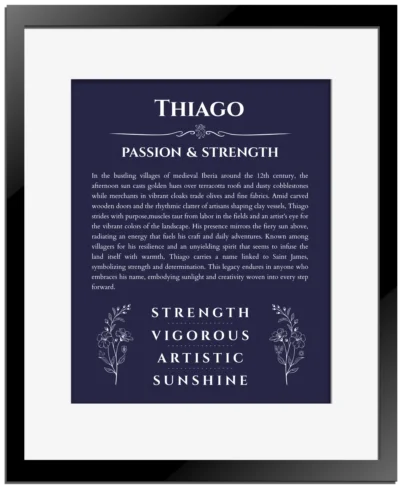 Thiago personalized name print with origin and traits in navy blue with black matte frame