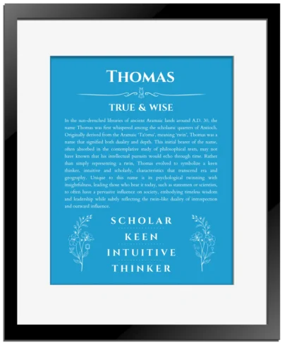 Thomas personalized name meaning print in blue with black matte frame