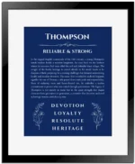 Thompson name meaning gift print in deep blue with black matte frame