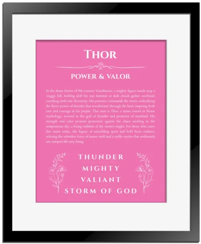 Thor name meaning wall art by Get Your Story in pink with black matte frame