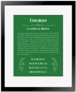 Thorin custom name art showing meaning and origin in dark green with black matte frame