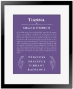 Tianna personalized name meaning print in purple with black matte frame