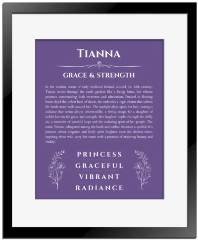Tianna personalized name meaning print in purple with black matte frame