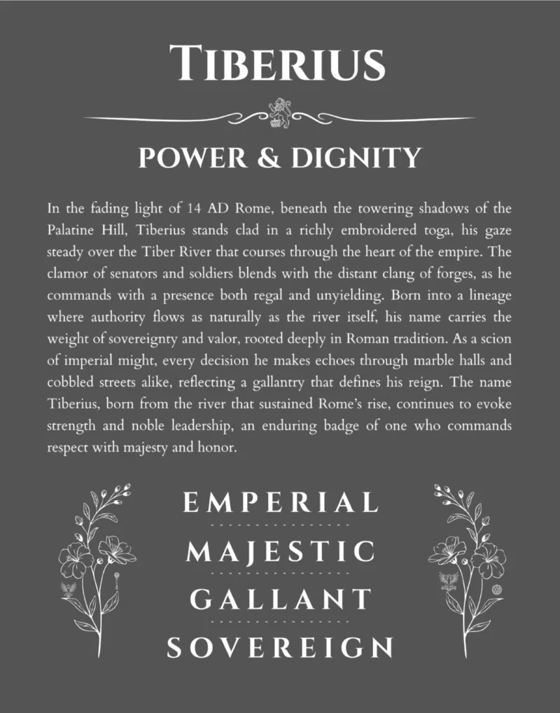 Tiberius name origin print with meaning and traits in gray