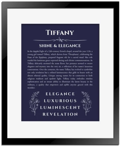 Tiffany custom name print for wall display in navy blue with black matte frame
