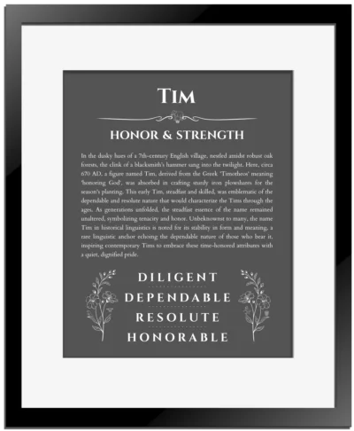 Tim personalized wall art with the story of your name in gray with black matte frame