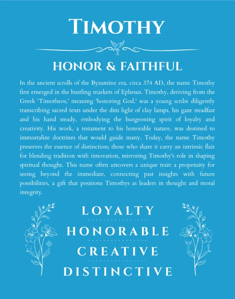 Timothy name origin print with meaning and traits in blue