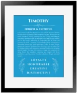 Timothy name origin print with meaning and traits in blue with black matte frame