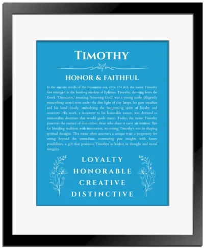 Timothy name origin print with meaning and traits in blue with black matte frame