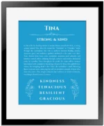 Tina personalized name art with origin story in blue with black matte frame