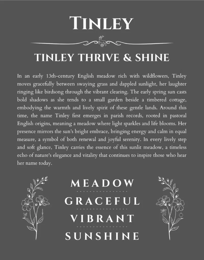 Tinley name origin print with meaning and traits in gray