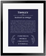 Tinsley personalized name art with origin story in navy blue with black matte frame