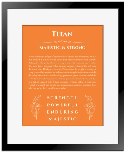 Titan personalized wall art with the story of your name in orange with black matte frame