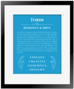 Tobin personalized name print with origin and traits in blue with black matte frame