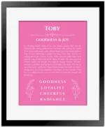 Toby personalized name print with origin and traits in pink with black matte frame