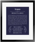 Todd personalized name print with origin and traits in navy blue with black matte frame