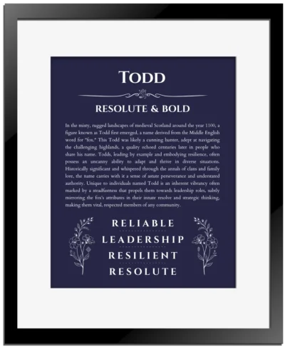 Todd personalized name print with origin and traits in navy blue with black matte frame