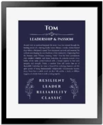 Tom personalized name art with origin story in navy blue with black matte frame