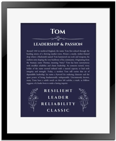 Tom personalized name art with origin story in navy blue with black matte frame