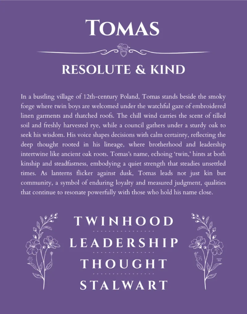 Tomas name origin print with meaning and traits in purple