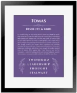 Tomas name origin print with meaning and traits in purple with black matte frame