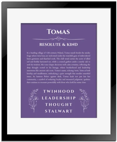 Tomas name origin print with meaning and traits in purple with black matte frame