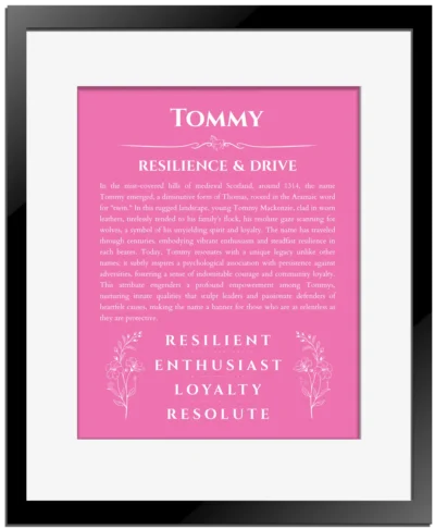 Tommy custom name art showing meaning and origin in pink with black matte frame