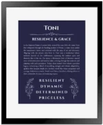 Toni name meaning gift print in navy blue with black matte frame