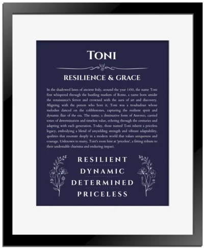 Toni name meaning gift print in navy blue with black matte frame