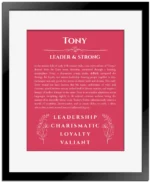 Tony name origin print with meaning and traits in red with black matte frame