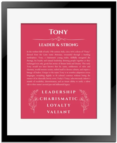 Tony name origin print with meaning and traits in red with black matte frame