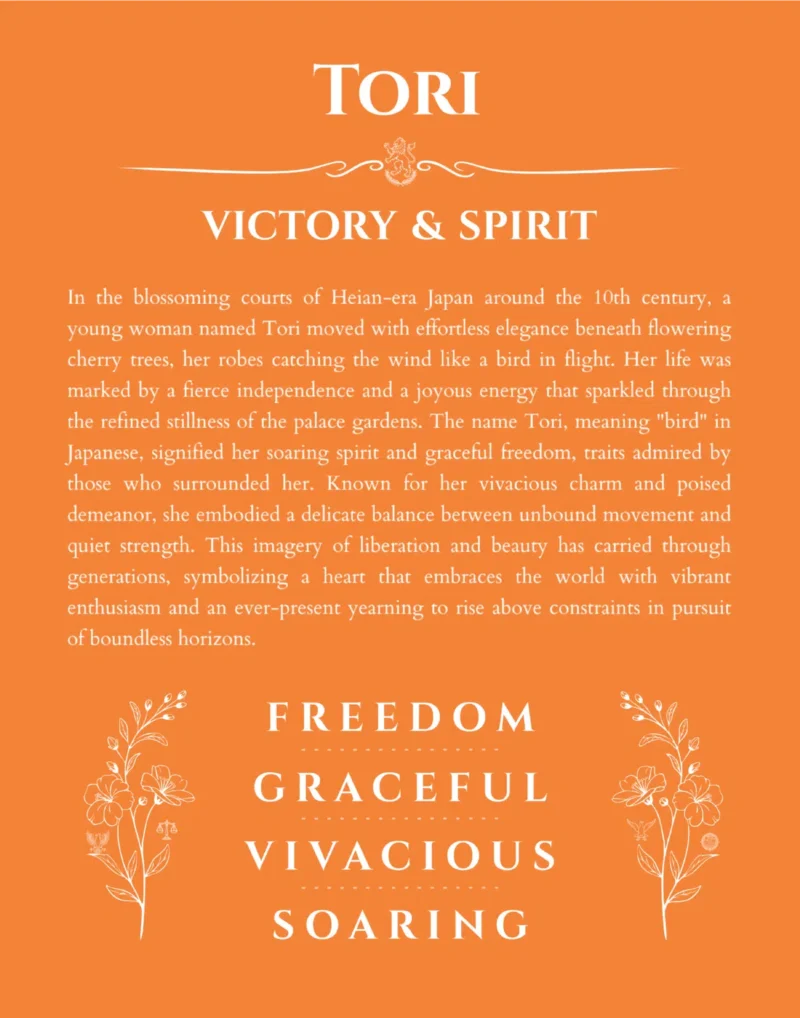Tori name origin print with meaning and traits in orange