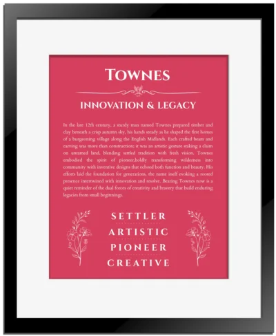 Townes name meaning gift print in red with black matte frame