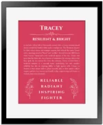 Tracey personalized name art with origin story in red with black matte frame