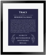 Traci custom name meaning print in navy blue with black matte frame