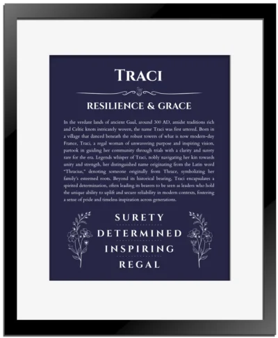 Traci custom name meaning print in navy blue with black matte frame